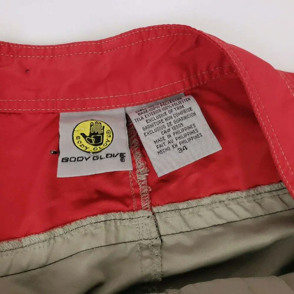 BODY GLOVE Mens Board Shorts Logo Patch Draw String Surfer Size 34 Red‎ & Tan